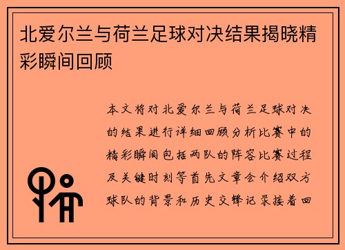北爱尔兰与荷兰足球对决结果揭晓精彩瞬间回顾